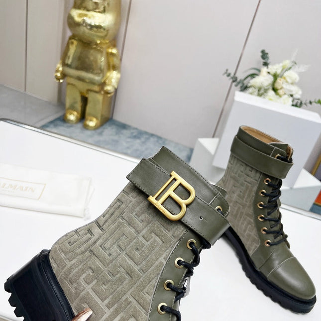 BALMAIN 26S BOOTS IN MOSS GREEN CALFSKIN AND SUEDE