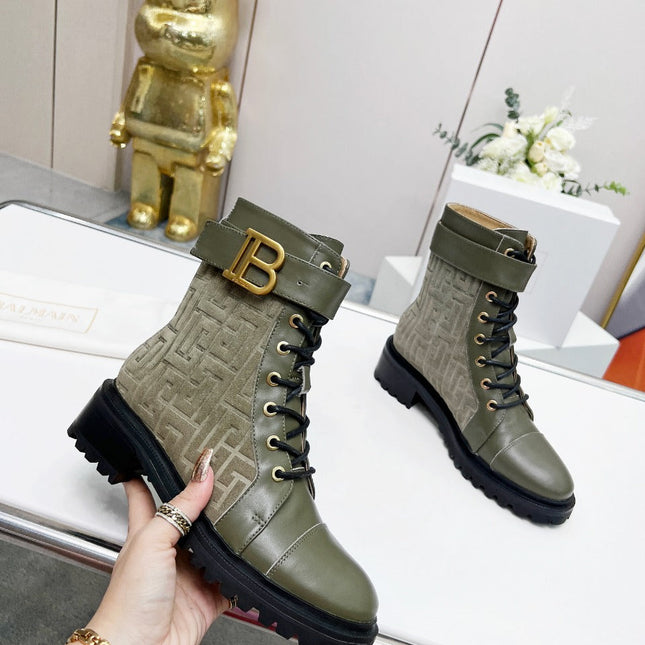 BALMAIN 26S BOOTS IN MOSS GREEN CALFSKIN AND SUEDE
