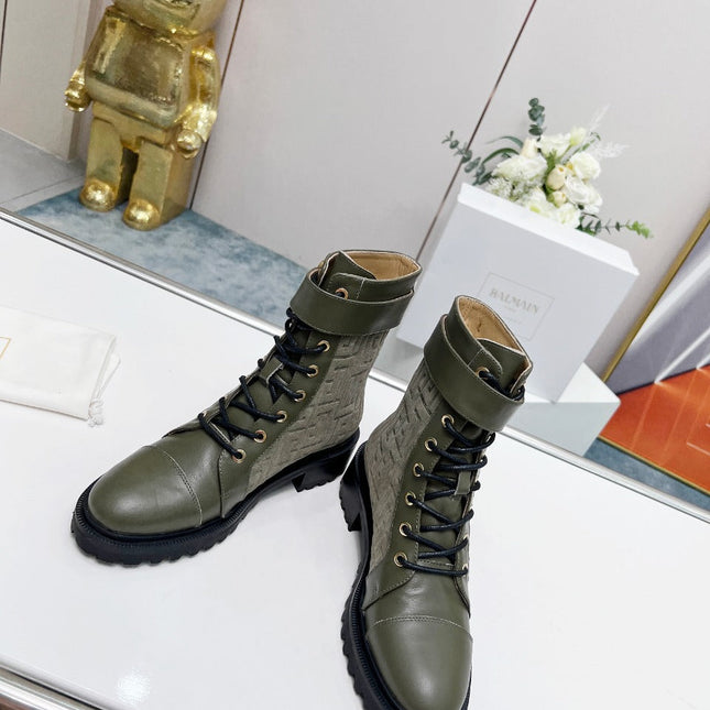 BALMAIN 26S BOOTS IN MOSS GREEN CALFSKIN AND SUEDE