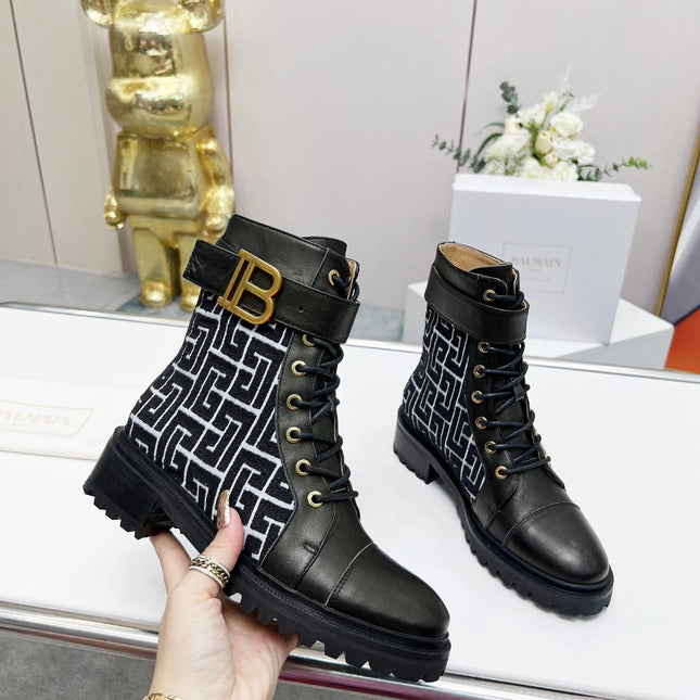 BALMAIN 26S BOOTS IN BLACK CALFSKIN AND WOOL