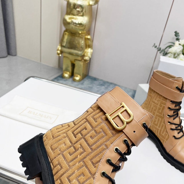 BALMAIN 26S BOOTS IN LIGHT BROWN CALFSKIN AND SUEDE