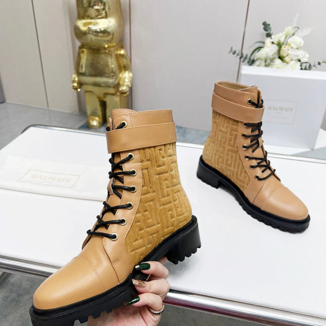 BALMAIN 26S BOOTS IN LIGHT BROWN CALFSKIN AND SUEDE