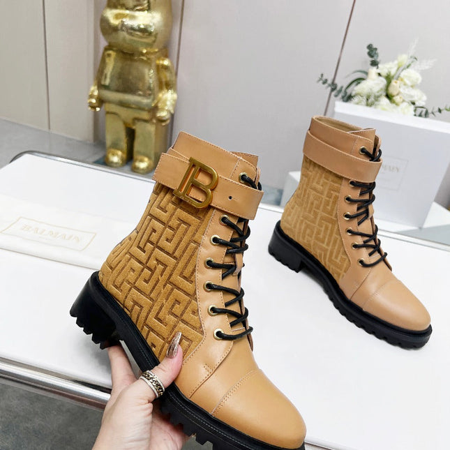 BALMAIN 26S BOOTS IN LIGHT BROWN CALFSKIN AND SUEDE