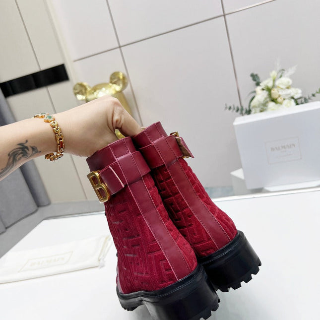 BALMAIN 26S BOOTS IN DARK RED CALFSKIN AND SUEDE