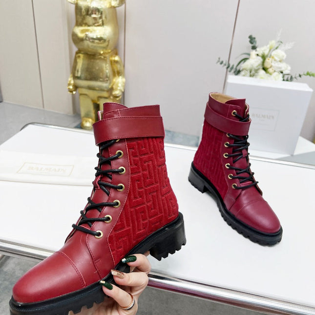 BALMAIN 26S BOOTS IN DARK RED CALFSKIN AND SUEDE