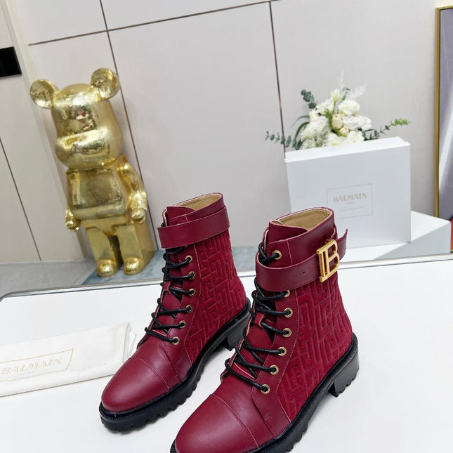 BALMAIN 26S BOOTS IN DARK RED CALFSKIN AND SUEDE