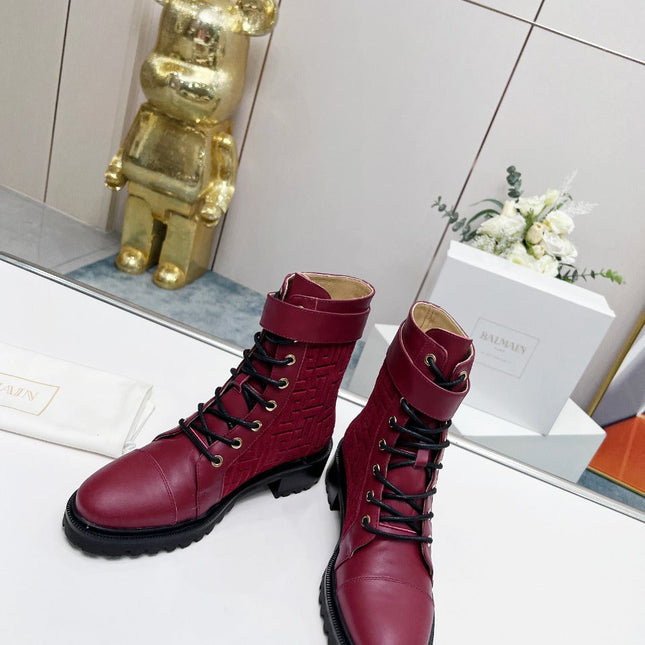 BALMAIN 26S BOOTS IN DARK RED CALFSKIN AND SUEDE