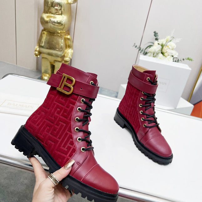 BALMAIN 26S BOOTS IN DARK RED CALFSKIN AND SUEDE