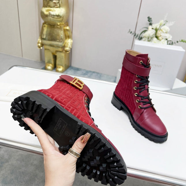 BALMAIN 26S BOOTS IN DARK RED CALFSKIN AND SUEDE
