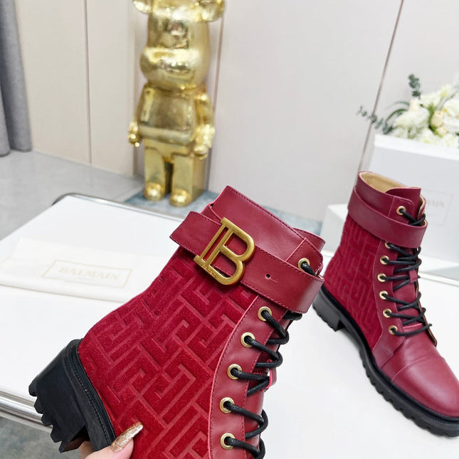 BALMAIN 26S BOOTS IN DARK RED CALFSKIN AND SUEDE