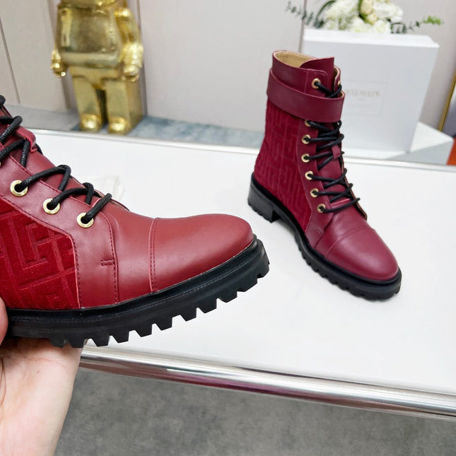 BALMAIN 26S BOOTS IN DARK RED CALFSKIN AND SUEDE