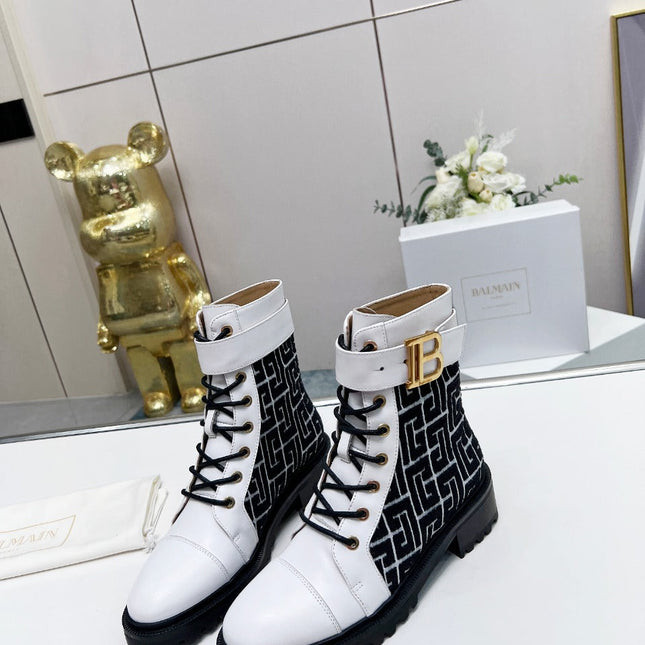 BALMAIN 26S BOOTS IN WHITE CALFSKIN AND BLACK WOOL
