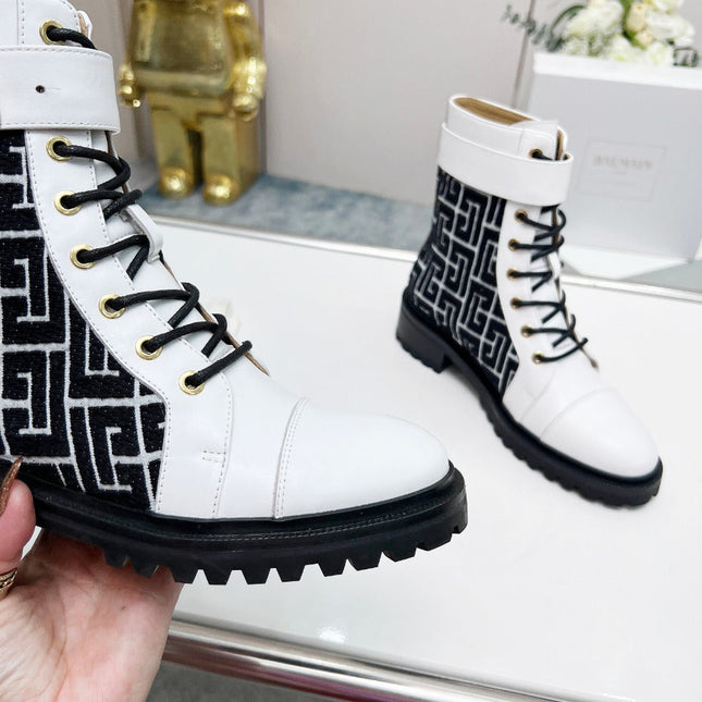 BALMAIN 26S BOOTS IN WHITE CALFSKIN AND BLACK WOOL