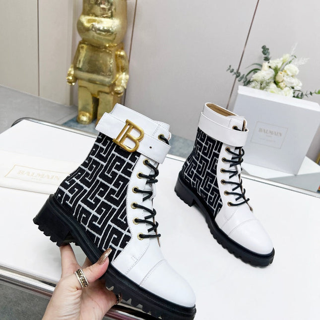 BALMAIN 26S BOOTS IN WHITE CALFSKIN AND BLACK WOOL