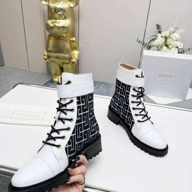 BALMAIN 26S BOOTS IN WHITE CALFSKIN AND BLACK WOOL