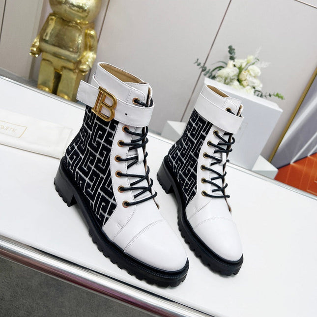 BALMAIN 26S BOOTS IN WHITE CALFSKIN AND BLACK WOOL
