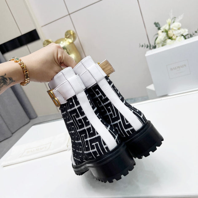 BALMAIN 26S BOOTS IN WHITE CALFSKIN AND BLACK WOOL