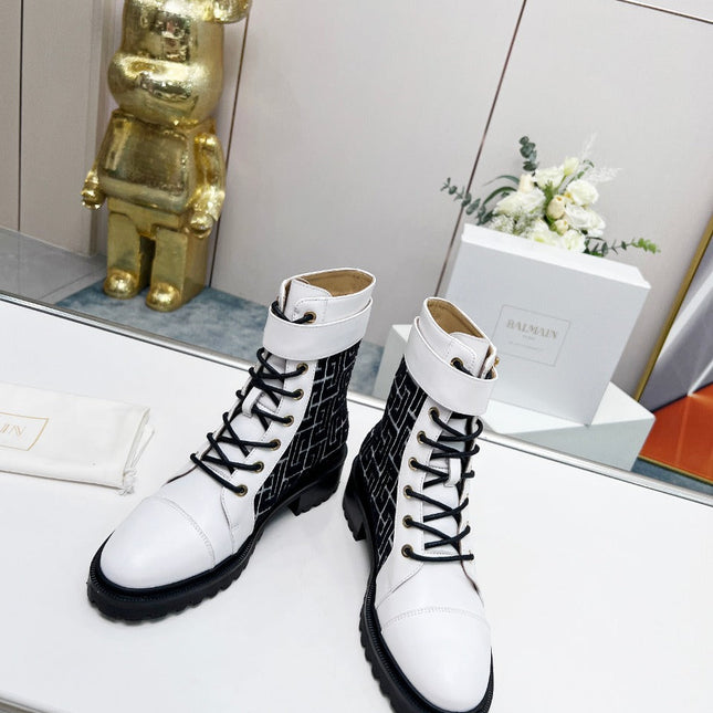 BALMAIN 26S BOOTS IN WHITE CALFSKIN AND BLACK WOOL