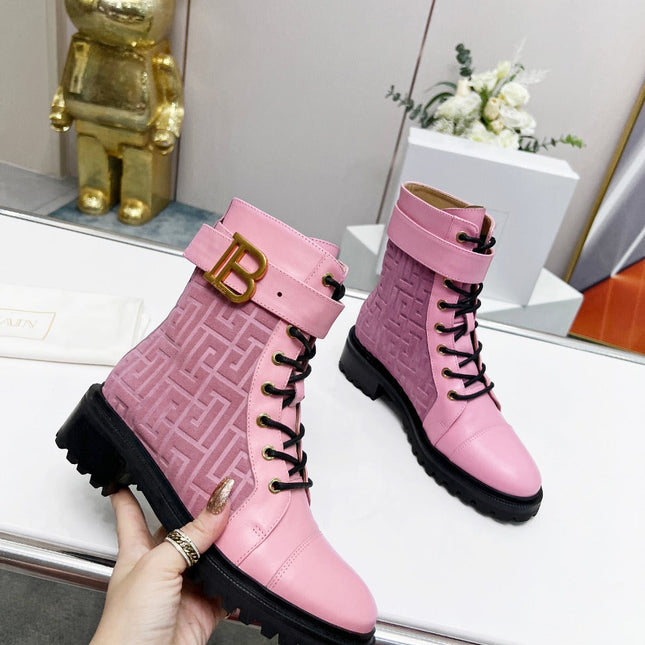 BALMAIN 26S BOOTS IN LIGHT PINK CALFSKIN AND SUEDE