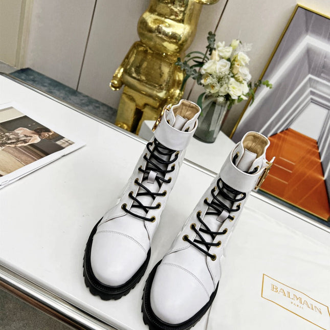 BALMAIN 26S COMBAT BOOTS IN WHITE CALFSKIN