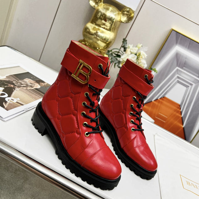 BALMAIN 26S COMBAT BOOTS IN RED CALFSKIN