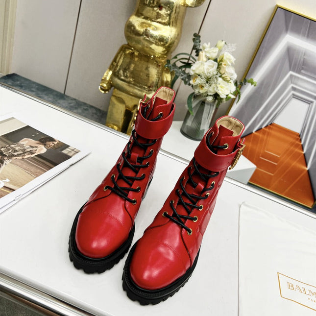 BALMAIN 26S COMBAT BOOTS IN RED CALFSKIN