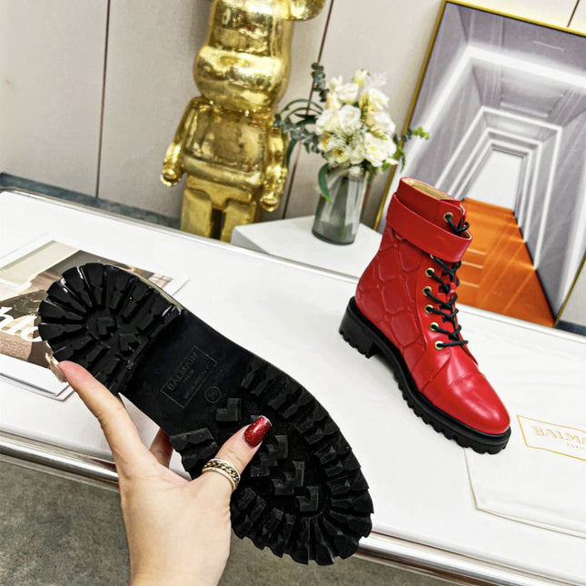 BALMAIN 26S COMBAT BOOTS IN RED CALFSKIN