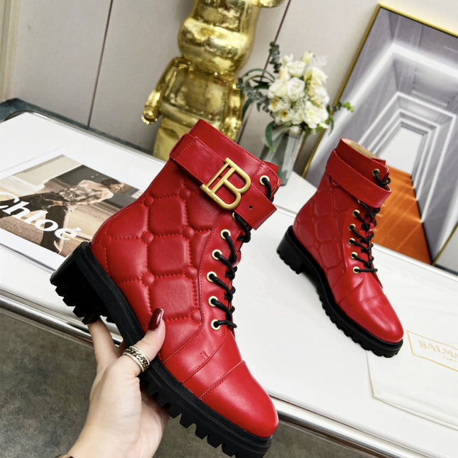 BALMAIN 26S COMBAT BOOTS IN RED CALFSKIN
