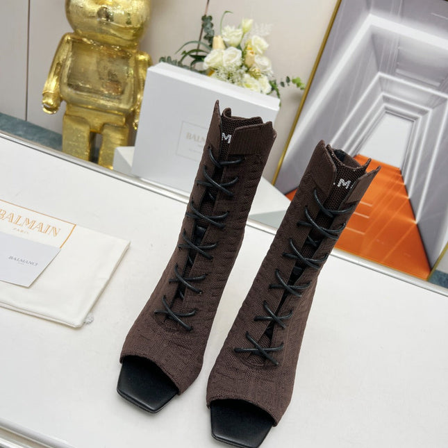 BALMAIN 26S LACE UP OPEN TOE BOOTS 95 MM IN DARK BROWN FLYKNIT
