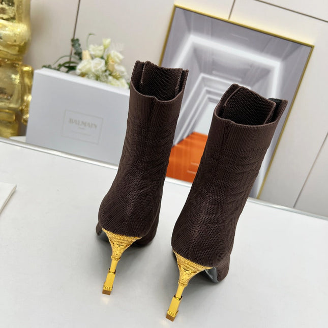 BALMAIN 26S LACE UP OPEN TOE BOOTS 95 MM IN DARK BROWN FLYKNIT