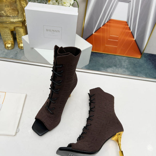 BALMAIN 26S LACE UP OPEN TOE BOOTS 95 MM IN DARK BROWN FLYKNIT