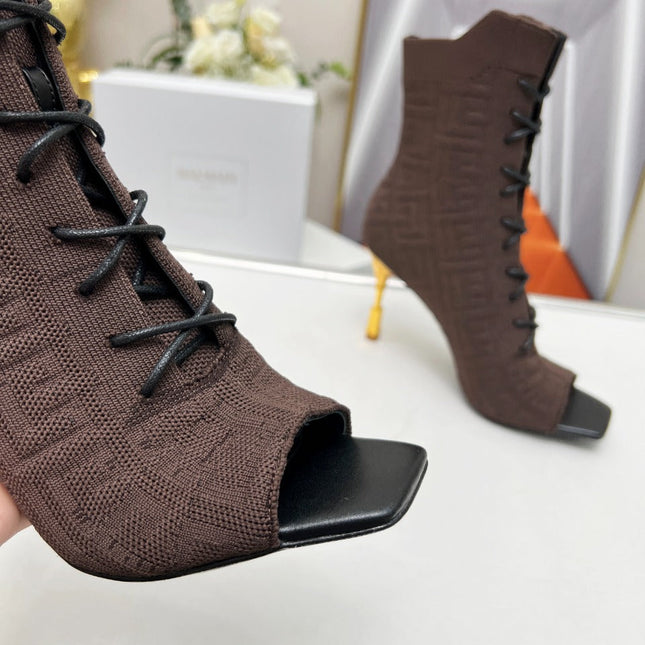 BALMAIN 26S LACE UP OPEN TOE BOOTS 95 MM IN DARK BROWN FLYKNIT