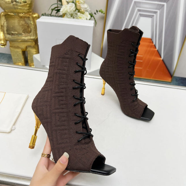 BALMAIN 26S LACE UP OPEN TOE BOOTS 95 MM IN DARK BROWN FLYKNIT