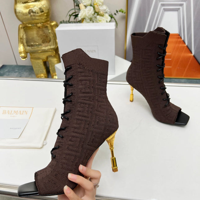 BALMAIN 26S LACE UP OPEN TOE BOOTS 95 MM IN DARK BROWN FLYKNIT