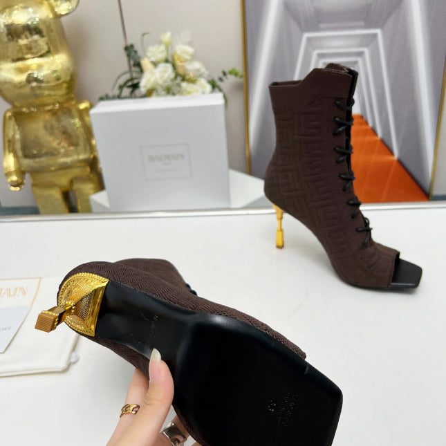 BALMAIN 26S LACE UP OPEN TOE BOOTS 95 MM IN DARK BROWN FLYKNIT