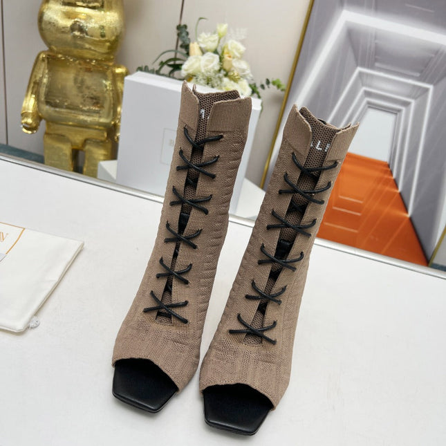 BALMAIN 26S LACE UP OPEN TOE BOOTS 95 MM IN GRAYISH BROWN FLYKNIT