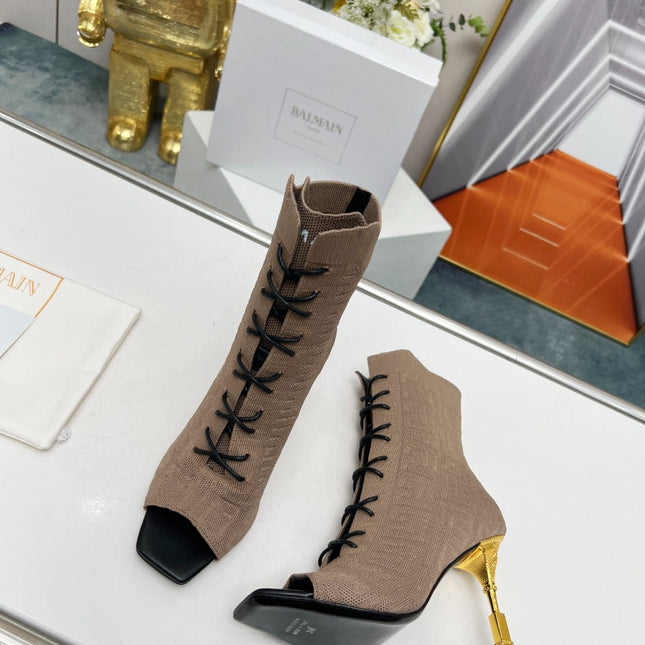 BALMAIN 26S LACE UP OPEN TOE BOOTS 95 MM IN GRAYISH BROWN FLYKNIT