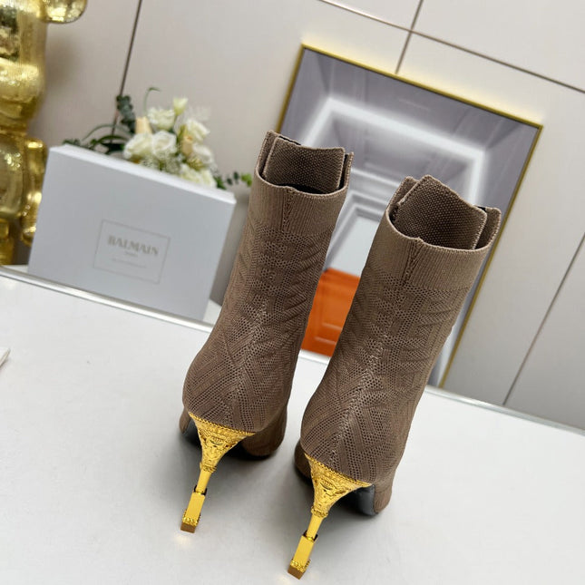BALMAIN 26S LACE UP OPEN TOE BOOTS 95 MM IN GRAYISH BROWN FLYKNIT