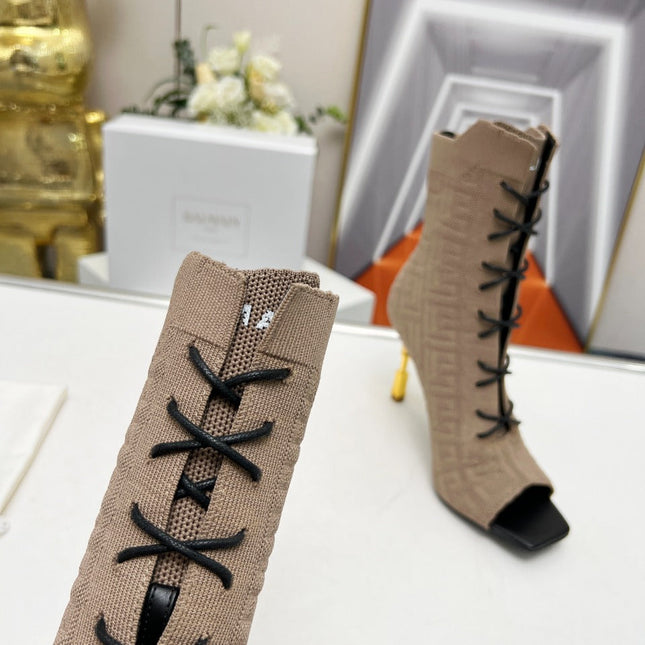 BALMAIN 26S LACE UP OPEN TOE BOOTS 95 MM IN GRAYISH BROWN FLYKNIT