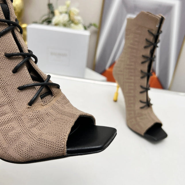 BALMAIN 26S LACE UP OPEN TOE BOOTS 95 MM IN GRAYISH BROWN FLYKNIT