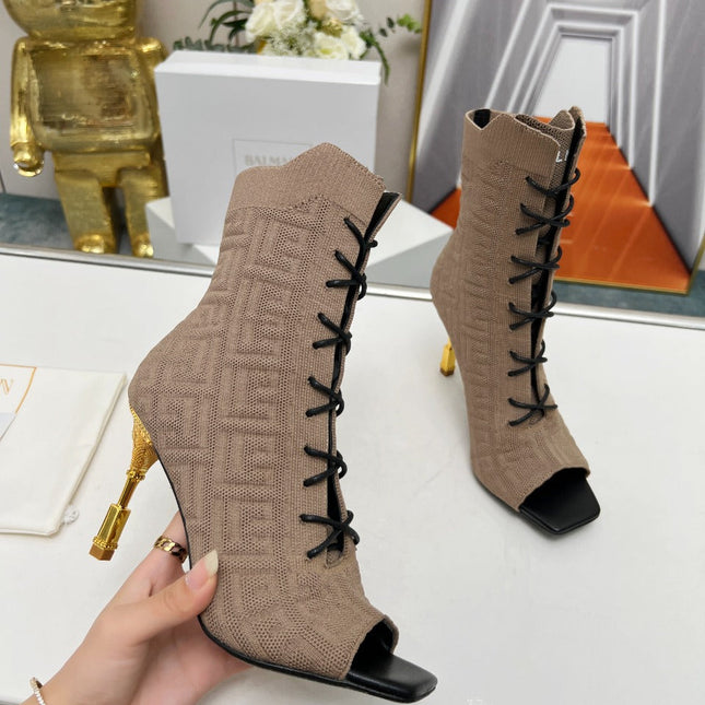 BALMAIN 26S LACE UP OPEN TOE BOOTS 95 MM IN GRAYISH BROWN FLYKNIT