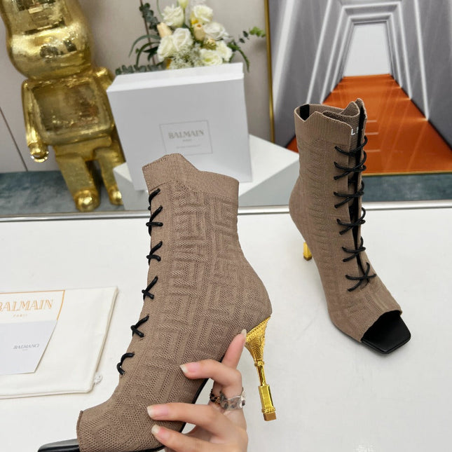 BALMAIN 26S LACE UP OPEN TOE BOOTS 95 MM IN GRAYISH BROWN FLYKNIT