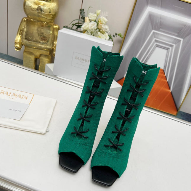 BALMAIN 26S LACE UP OPEN TOE BOOTS 95 MM IN GREEN FLYKNIT
