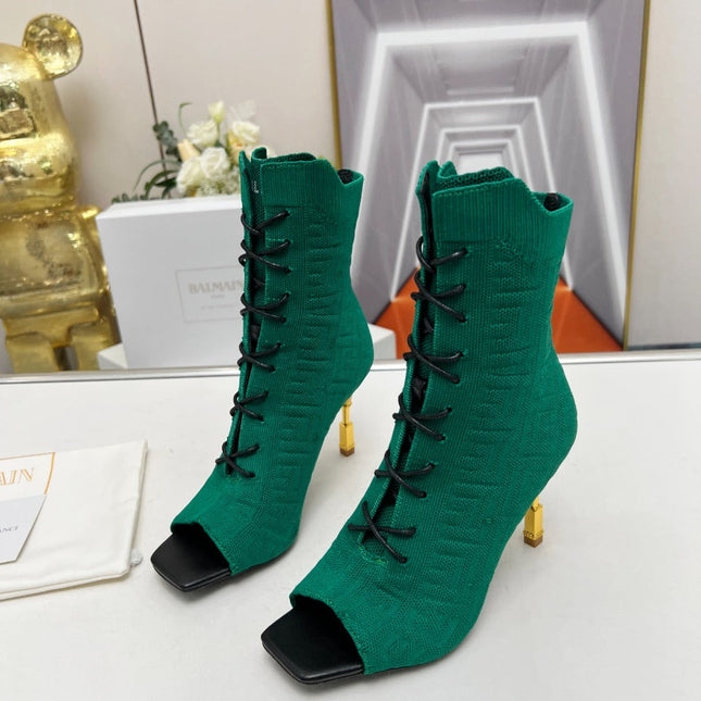 BALMAIN 26S LACE UP OPEN TOE BOOTS 95 MM IN GREEN FLYKNIT