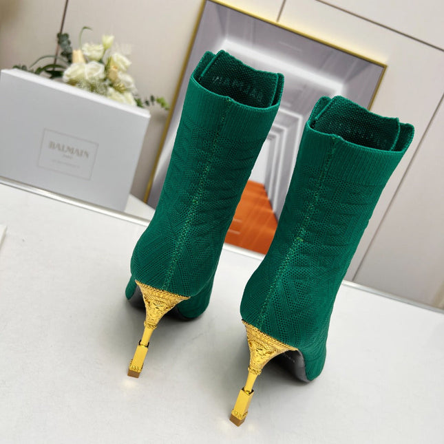 BALMAIN 26S LACE UP OPEN TOE BOOTS 95 MM IN GREEN FLYKNIT