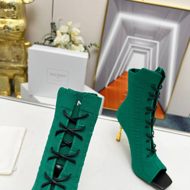 BALMAIN 26S LACE UP OPEN TOE BOOTS 95 MM IN GREEN FLYKNIT