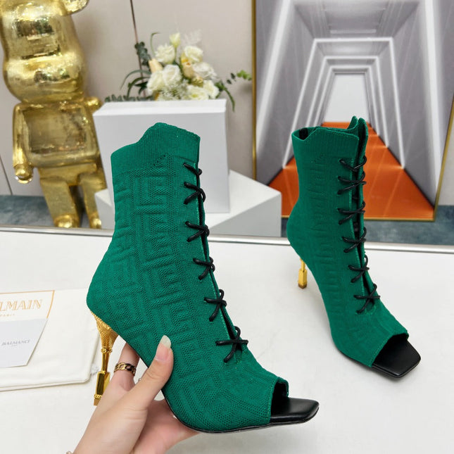 BALMAIN 26S LACE UP OPEN TOE BOOTS 95 MM IN GREEN FLYKNIT