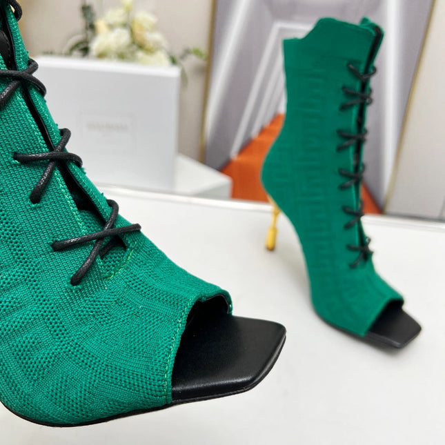 BALMAIN 26S LACE UP OPEN TOE BOOTS 95 MM IN GREEN FLYKNIT
