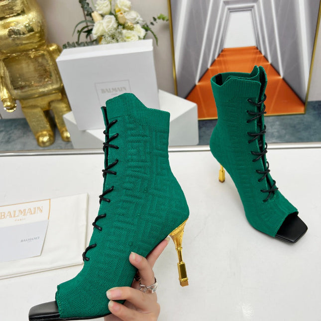 BALMAIN 26S LACE UP OPEN TOE BOOTS 95 MM IN GREEN FLYKNIT