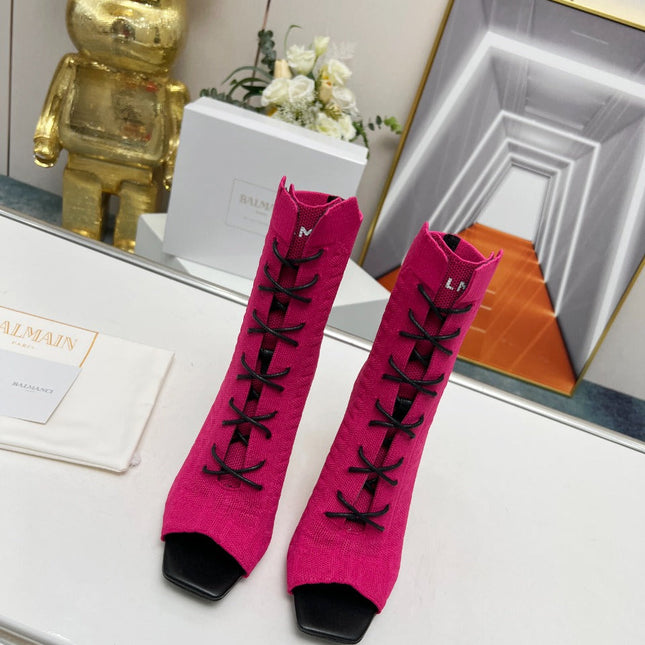 BALMAIN 26S LACE UP OPEN TOE BOOTS 95 MM IN PINK FLYKNIT
